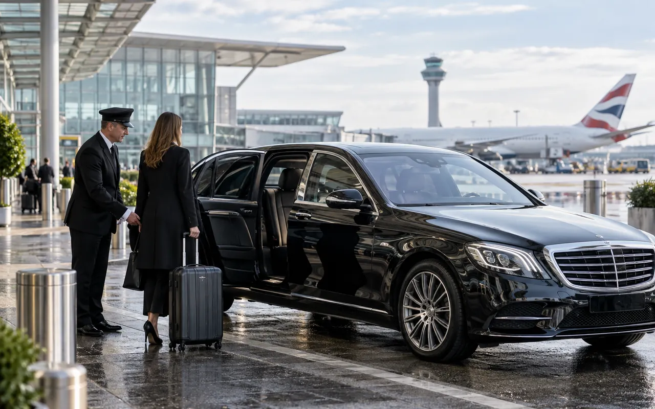 Chauffeur assisting an airport transfer passenger with luggage beside a black luxury car at a British airport terminal