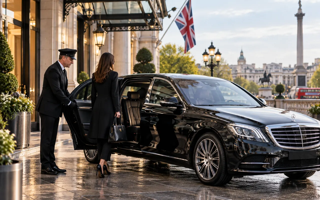 Elegant couple arriving for an anniversary evening by luxury chauffeur-driven limousine