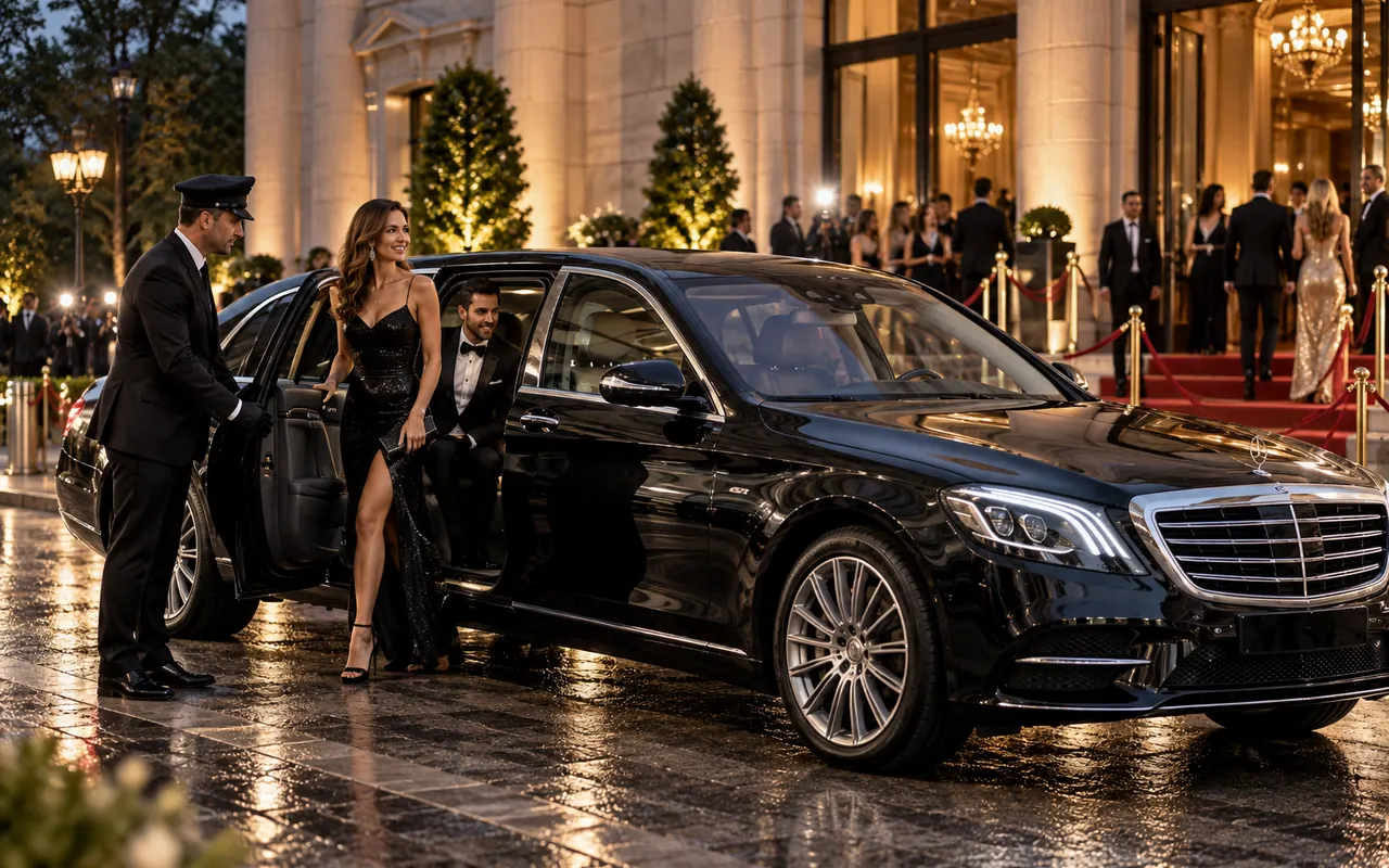 Chauffeur-driven limousine for a special evening celebration at a grand British venue