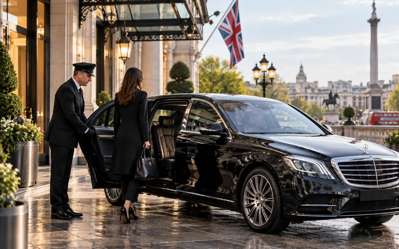 Professional chauffeur opening a black executive limousine for a passenger outside a luxury London hotel