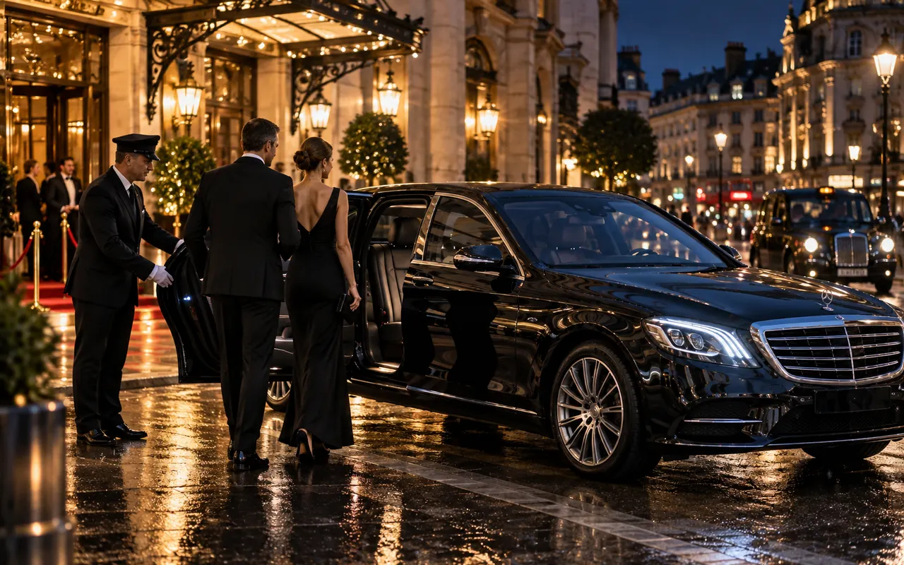 Black limousine providing late-night chauffeur transport outside a lively British entertainment venue