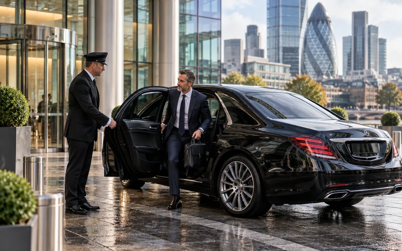 Business executive arriving in a black chauffeur-driven car outside a modern London office