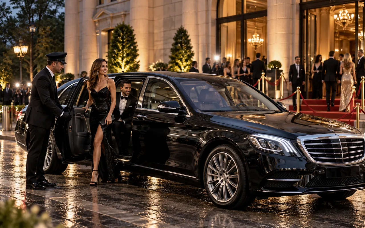 Luxury chauffeur car welcoming elegantly dressed guests to an evening event
