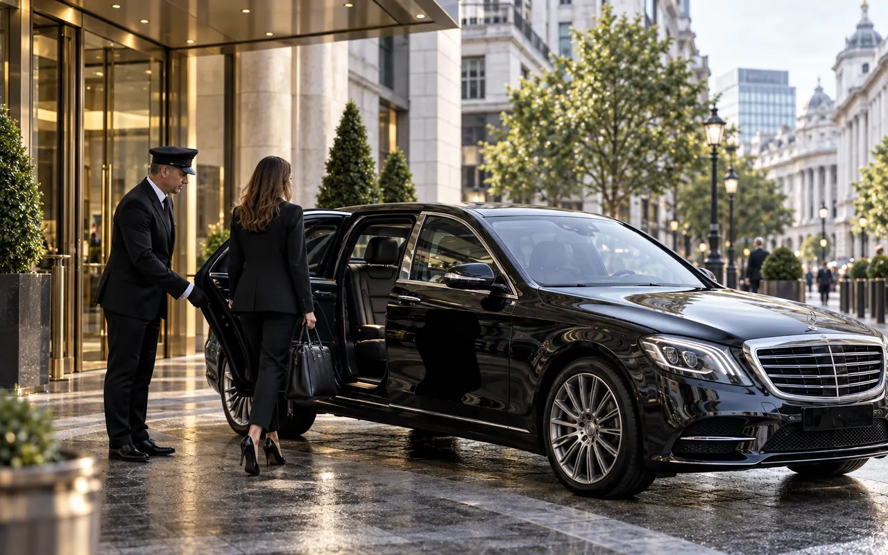 Professional black executive chauffeur car awaiting a client in a London business district