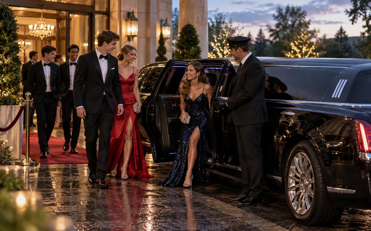Group of smartly dressed passengers arriving by luxury stretch limousine with a professional chauffeur