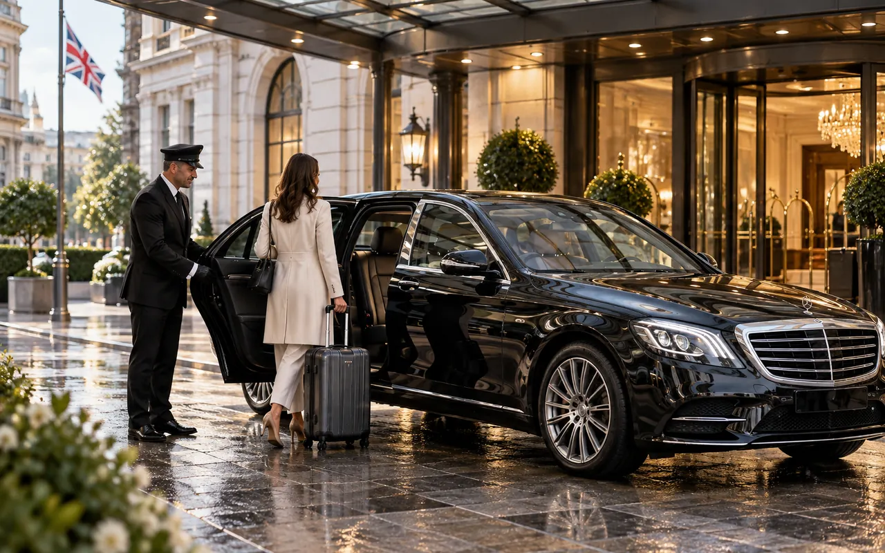 Chauffeur assisting a hotel guest with luggage outside the entrance to a luxury British hotel