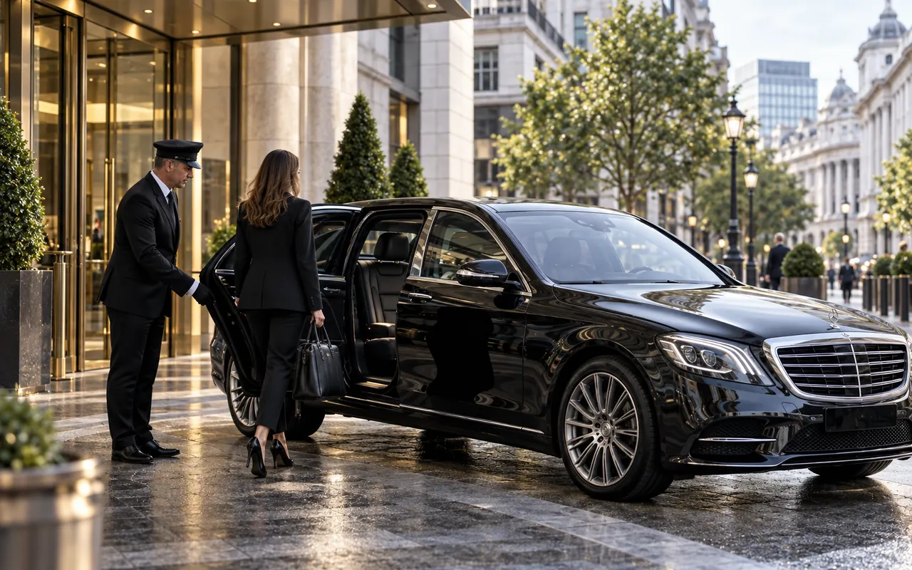 Professional chauffeur arriving in a black luxury car to collect a passenger for a one-way journey