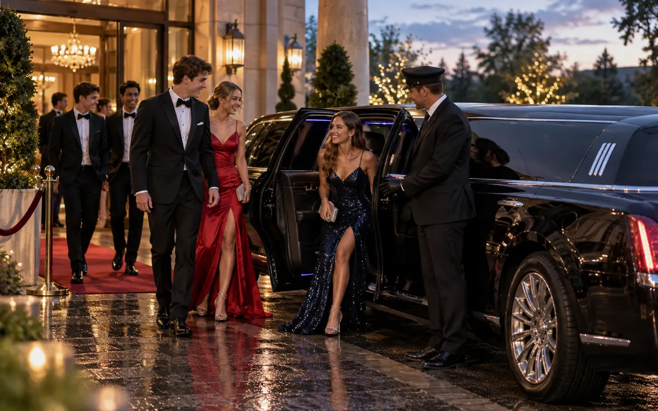 Luxury stretch limousine with chauffeur and formally dressed young adults arriving at a UK school prom