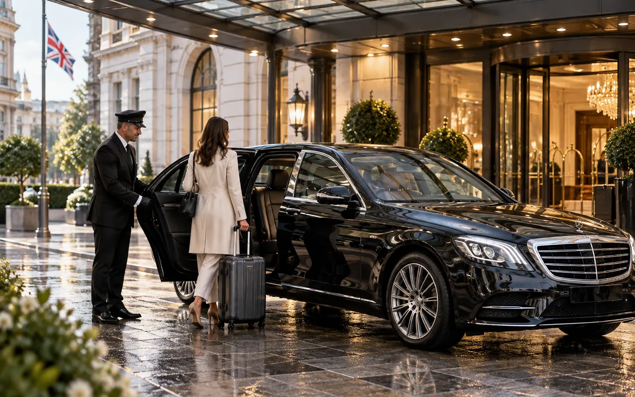 Black chauffeured limousine collecting a returning guest with luggage outside a British hotel