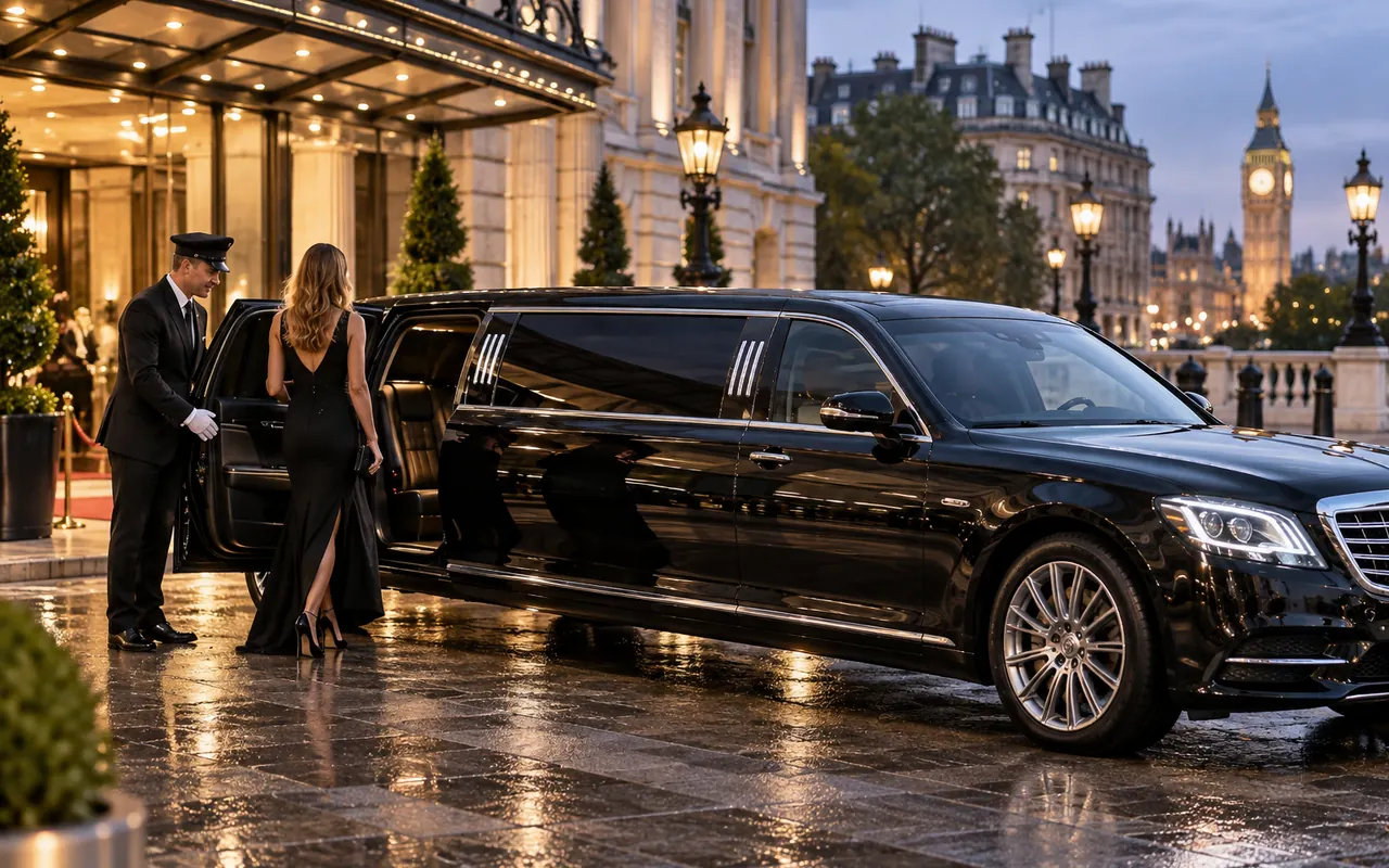 Long black stretch limousine with professional chauffeur at a prestigious British hotel