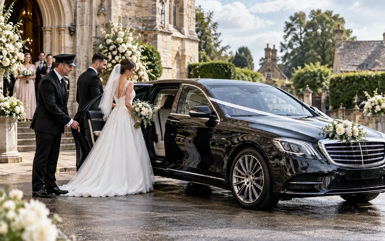 Professional chauffeur helping a bride enter a ribbon-decorated luxury limousine outside a British wedding venue